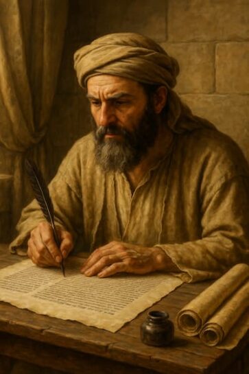 Representação realista de um escriba no Novo Testamento, copiando as Escrituras em um ambiente típico do judaísmo do primeiro século.